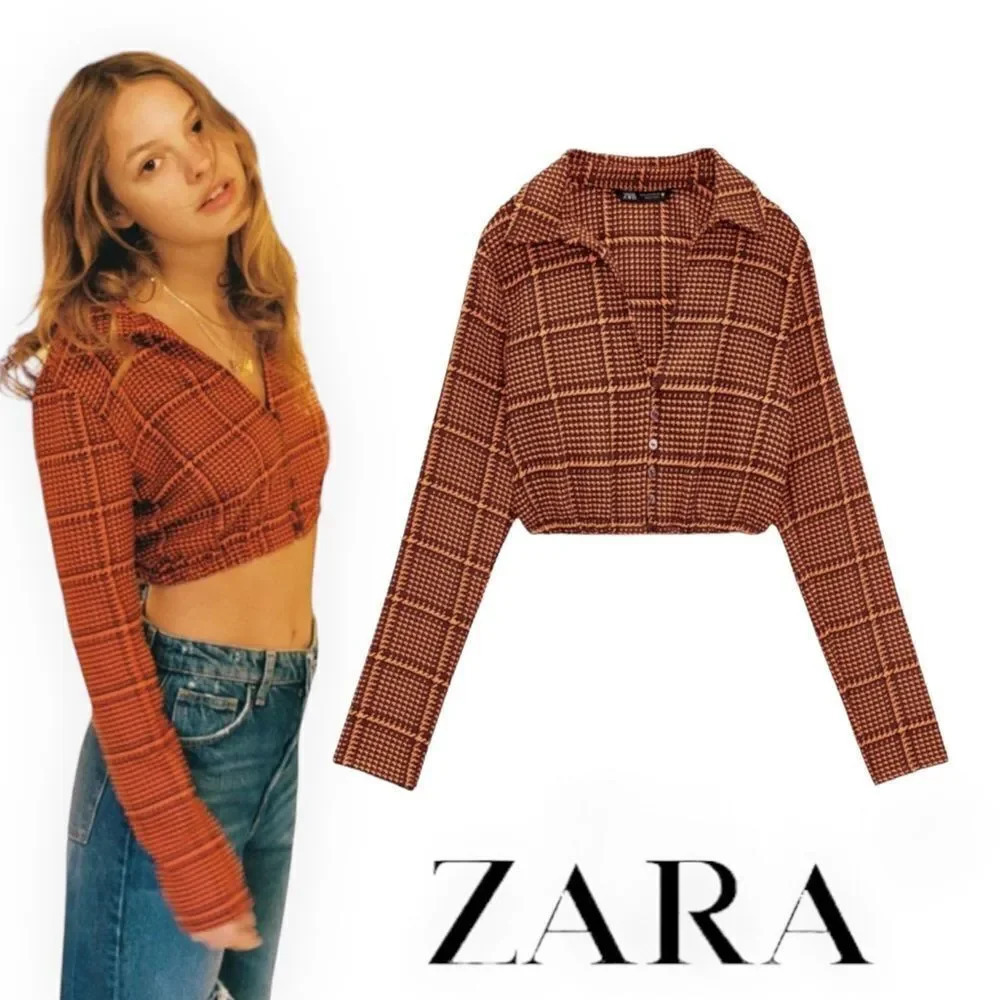 Zara Orange Red Plaid Cropped Button Front Shirt NWT S